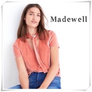Madewell Velvet Front Bow Tie Neck Top T-Shirt Orange
